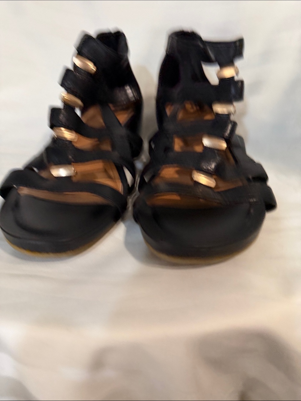 Söfft Black Leather Gladiator Wedge Sandals Gold Hardware - Size 10 - Picture 6 of 12